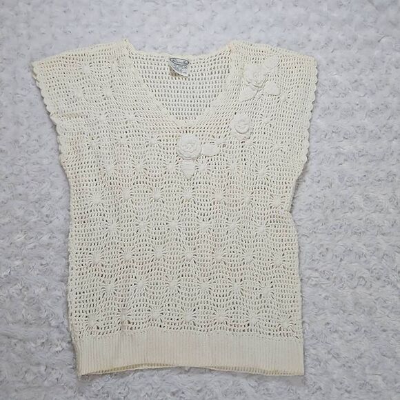 Vintage Parrimello Open Knit Cream Sleeveless Top with Roses - Picture 1 of 7